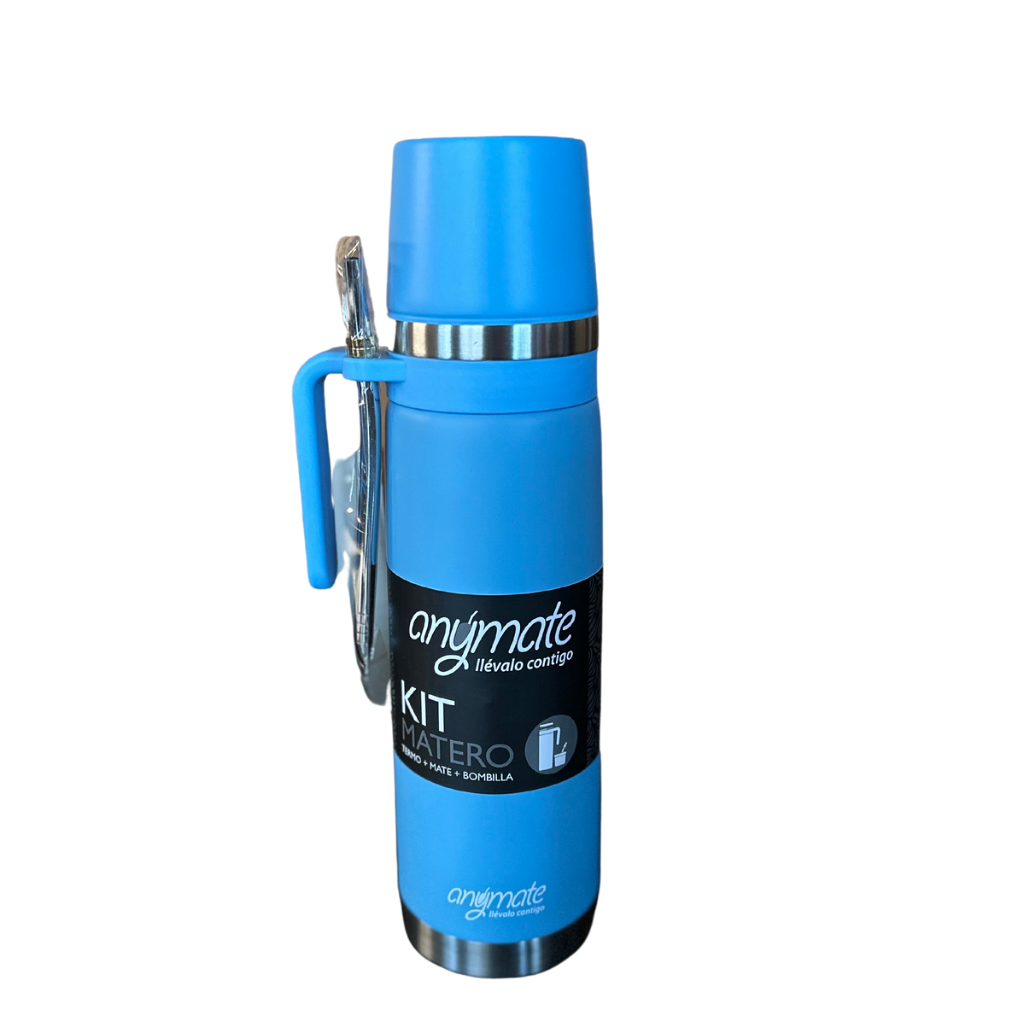 Termo Matero 3 en 1 Anymate 850 ml Acero inoxidable Celeste