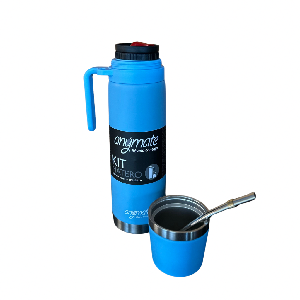 Termo Matero 3 en 1 Anymate 850 ml Acero inoxidable Celeste